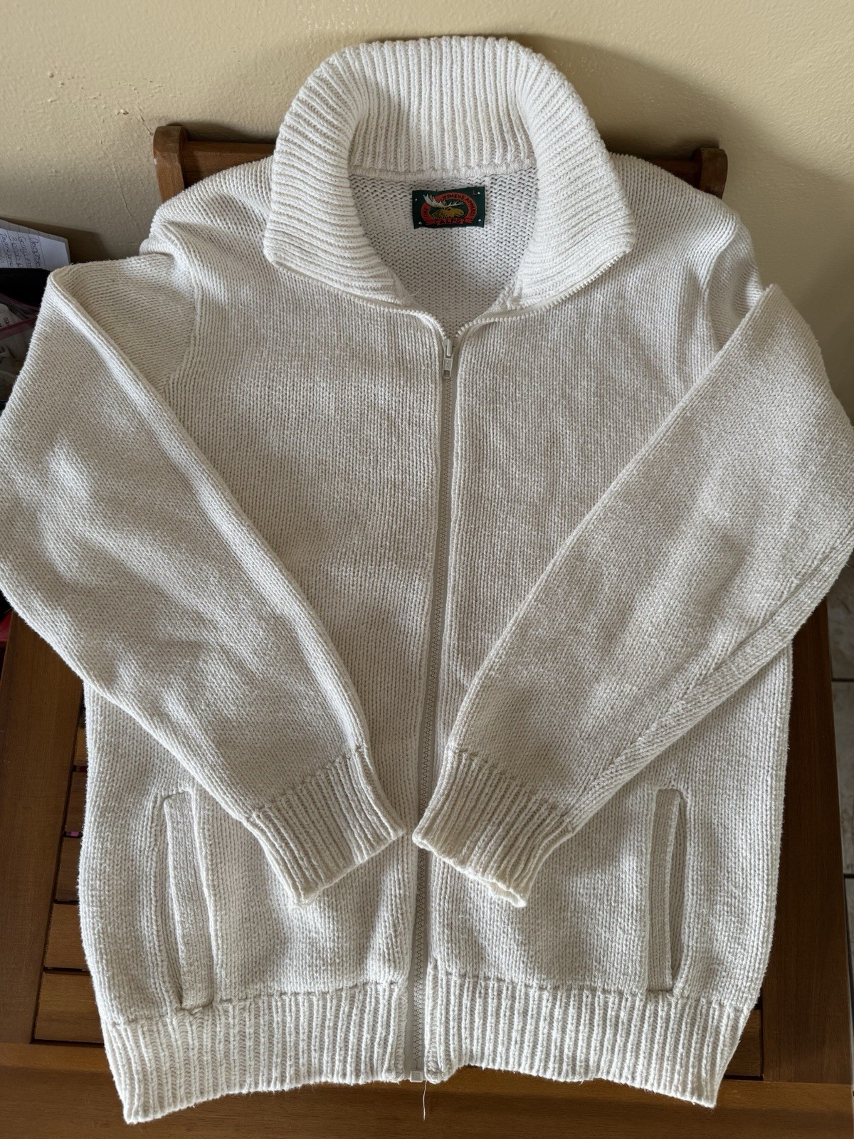VTG Alps Women’s Sweater Size Large Ivory 100% Cotton Double Pocket Chunky Zip