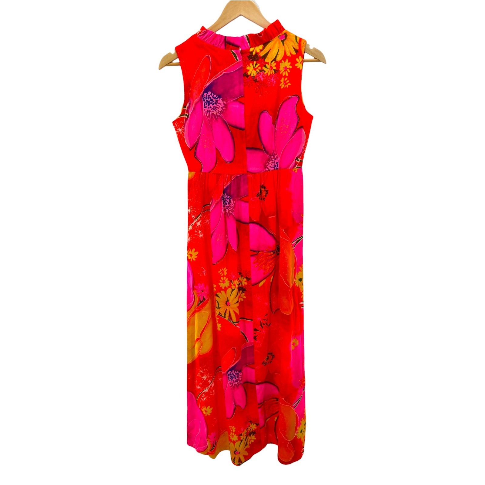 Miss Malina Honolulu Vintage Pink Red Floral Ruffle Maxi Dress Womens 10 12 70s