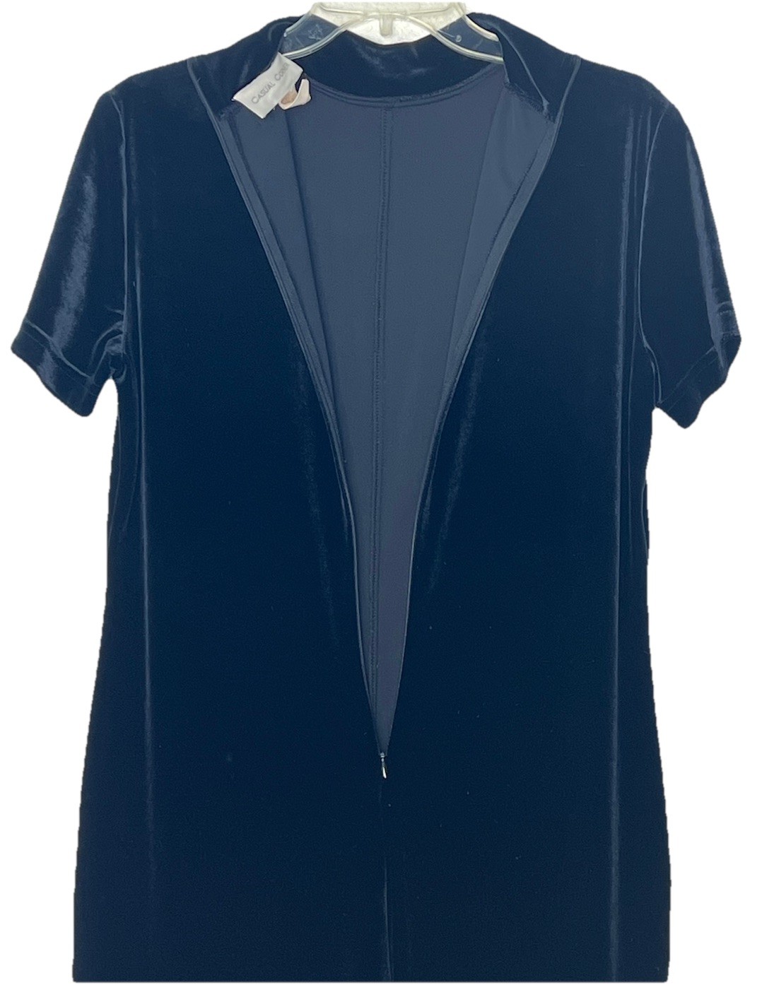 VTG Casual Corner Velvet Body Suit Navy Blue Sz Large Zipper Back Short Sleeve