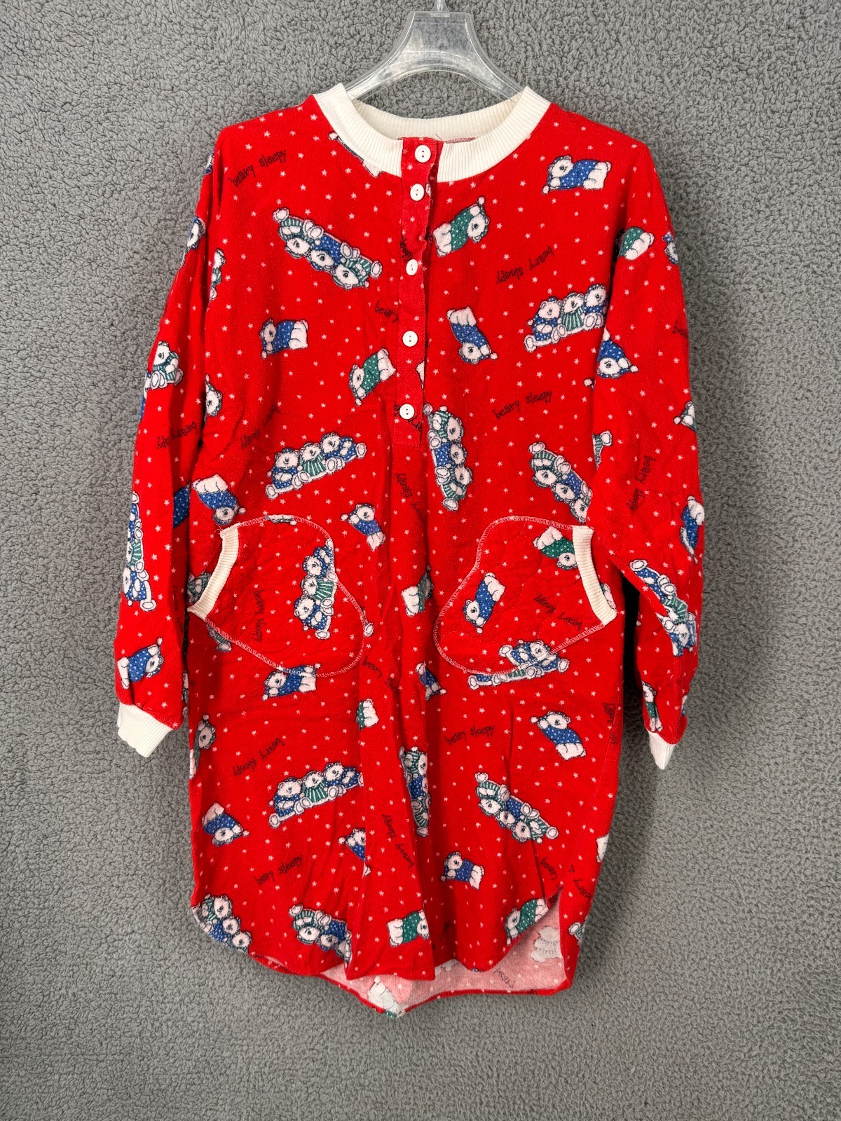Vtg 80s Flannel Nightgown Granny Cottage Red Bear Union L USA Jennifer Dale