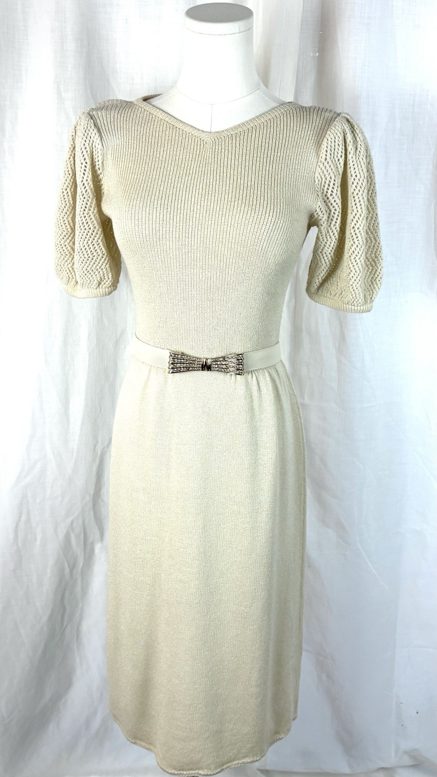 Vintage 80’s St. John Knits Cream Sweater Dress With Rhinestone Belt Luxury Sz 8