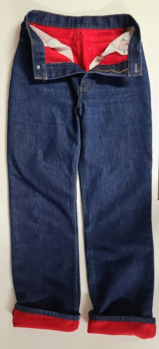 USA Vtg Womens Red Flannel Lined Levis 2517 Denim Blue Jeans Orange Tab Medium