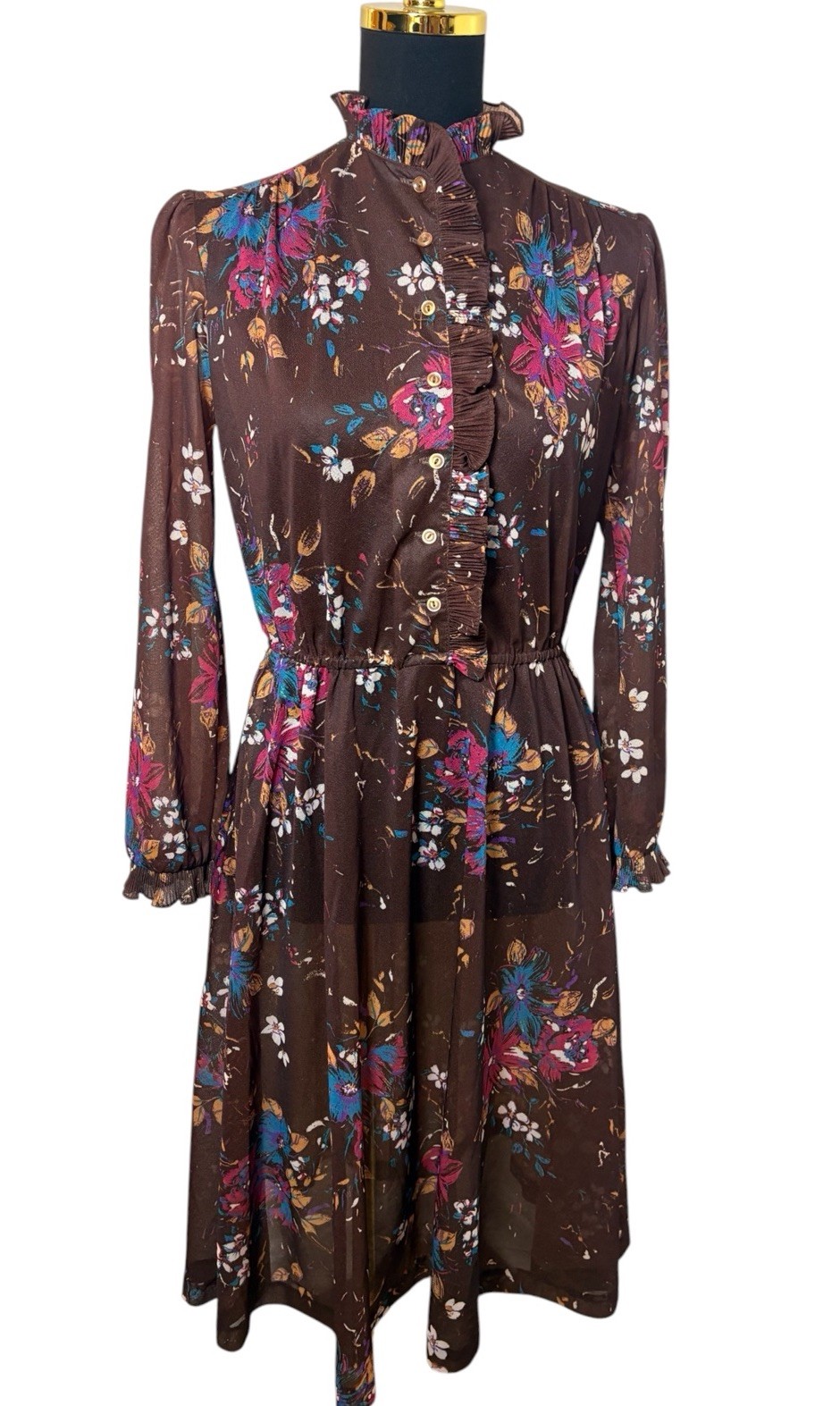 Vintage 70s Teena Paige Prairie Midi Dress Floral Sheer Ruffle Boho Cottagecore