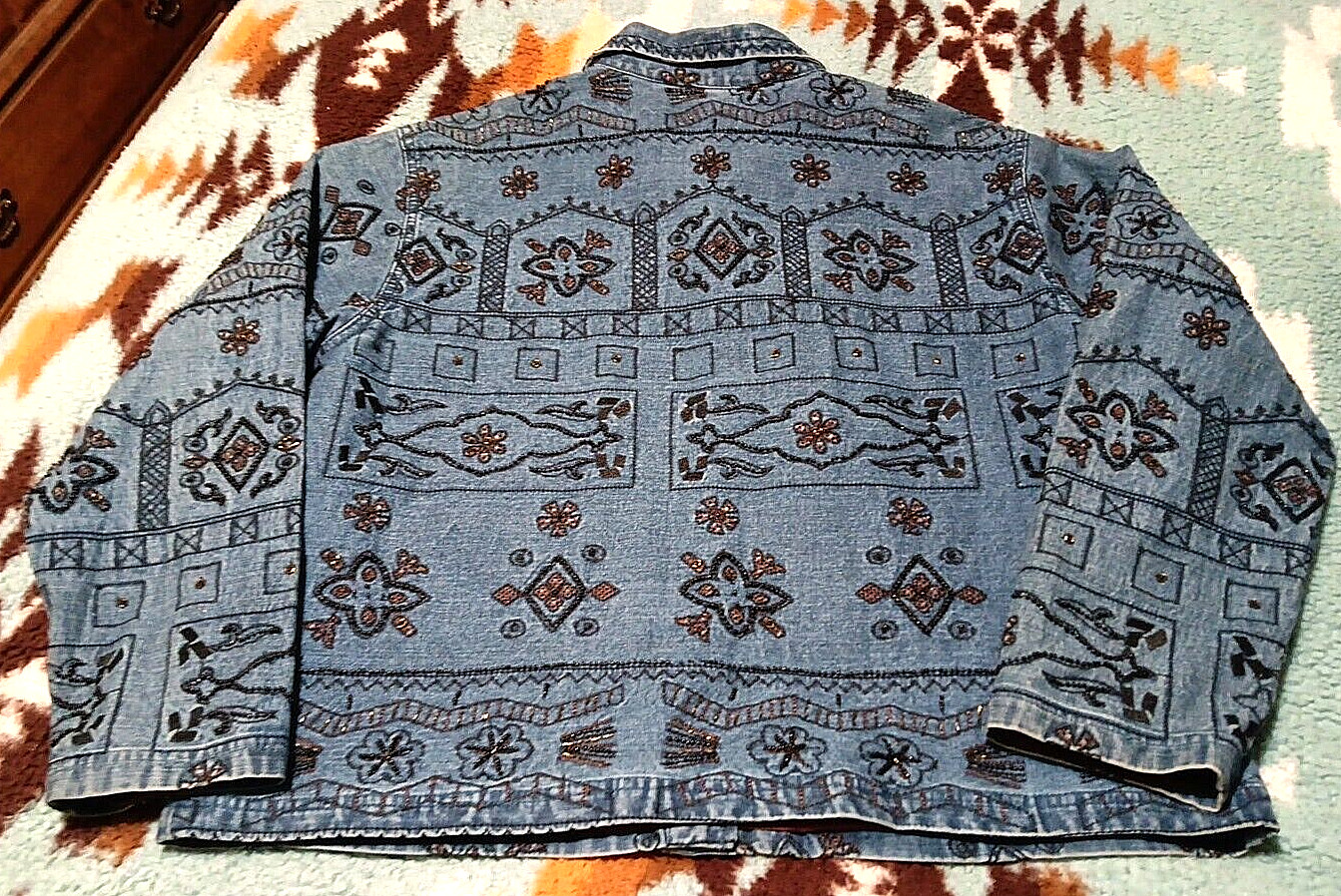 Vtg Chico’s Design BOHO Denim Beaded Jacket SILK Lined Hand-beaded Sz LG