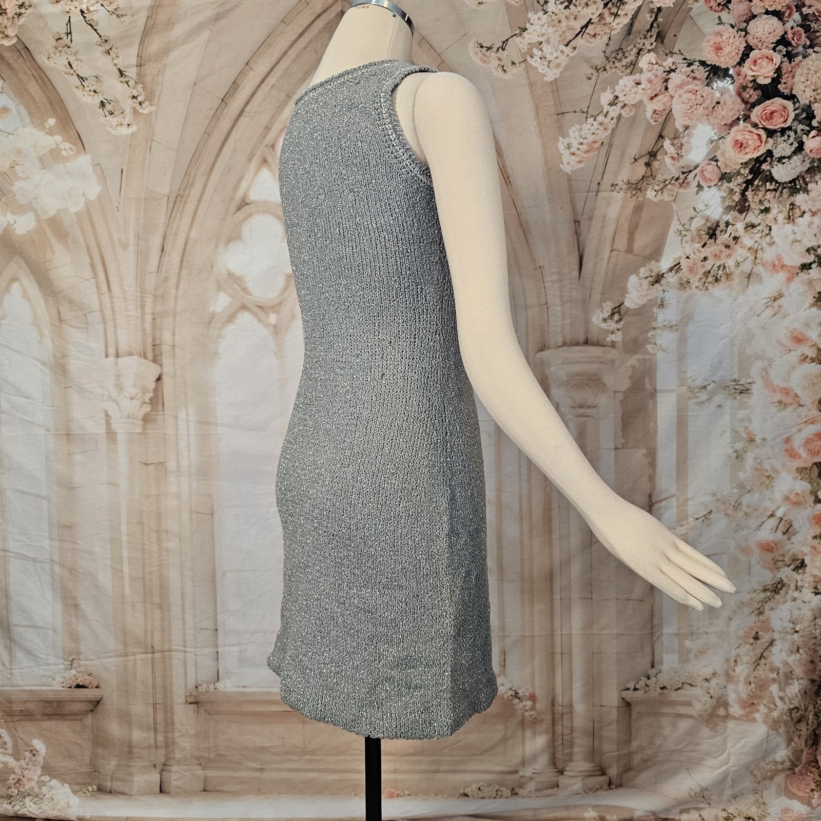 Vintage 1960’s Dress Minidress Silver Gray Metallic Knit Sleeveless Retro Disco