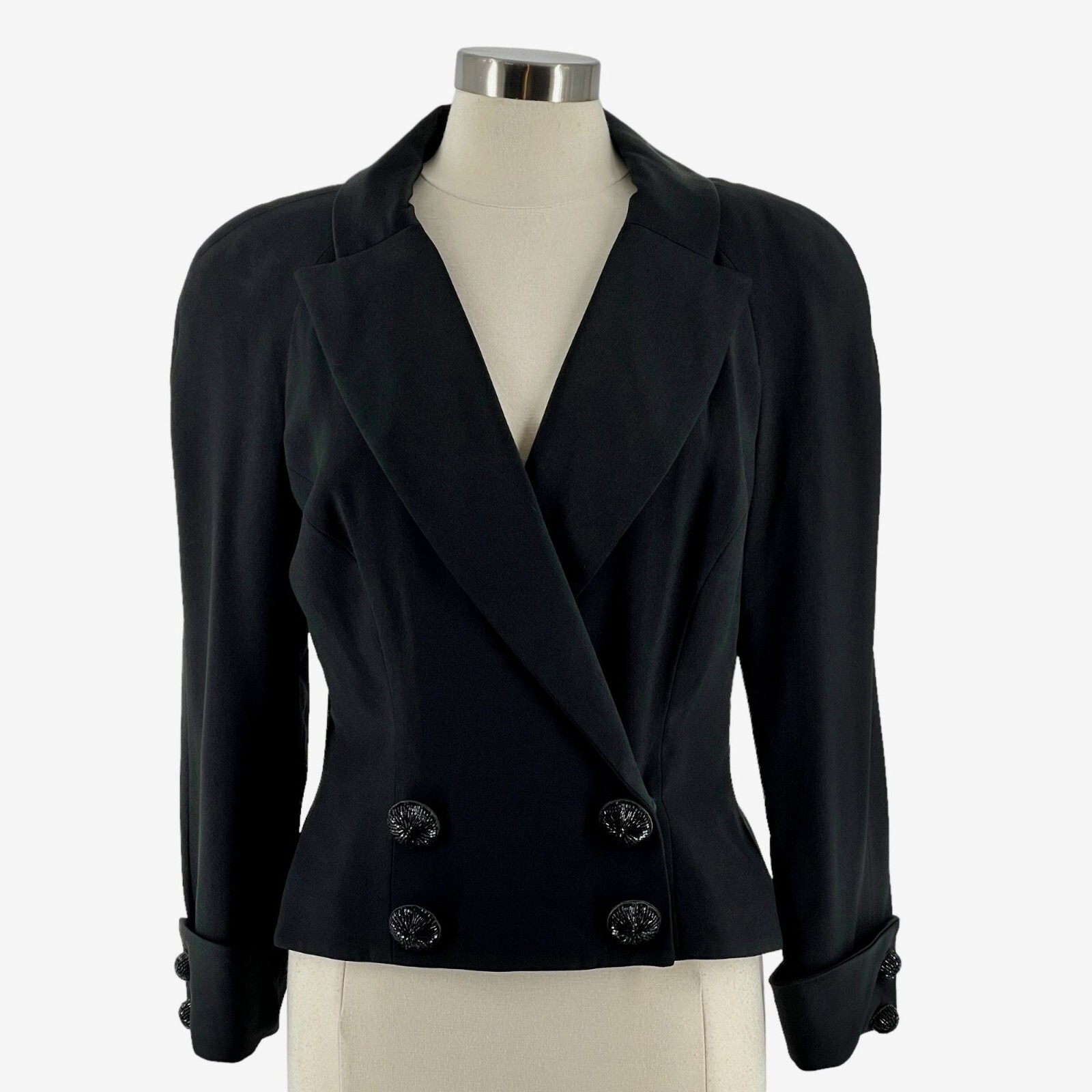 YT by Travilla Vintage 80s Black Crepe Satin Beaded Button Evening Jacket Medium