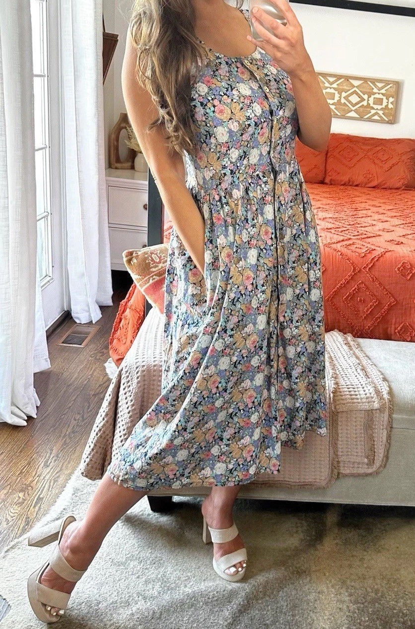 90’s Cottagecore Handmade Floral Midi Dress Size Medium