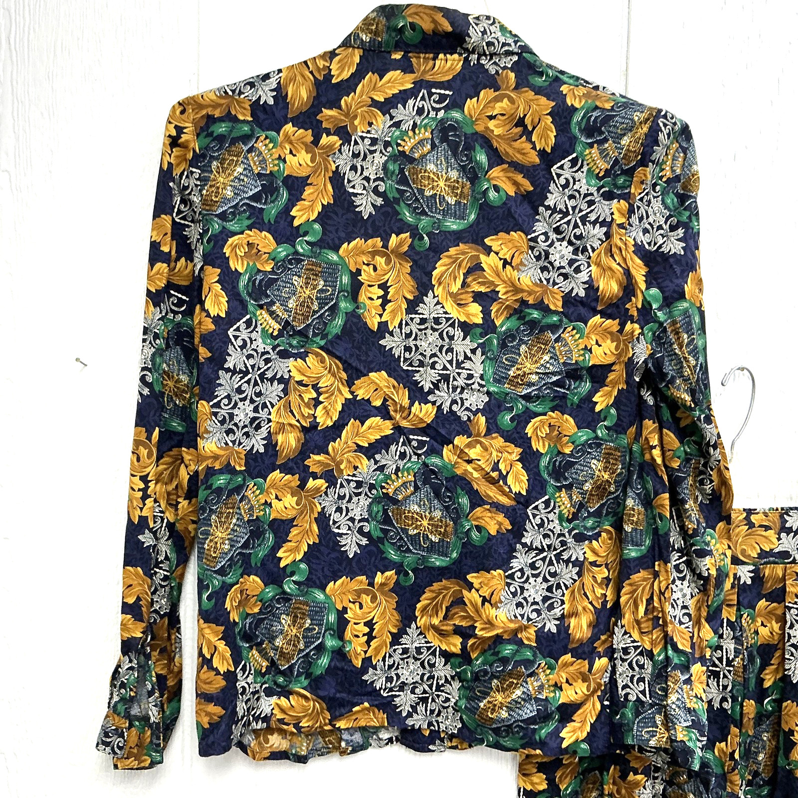 Vtg Panther Blouse Skirt Set Womens sz 12 Blue Gold Floral Button USA Top