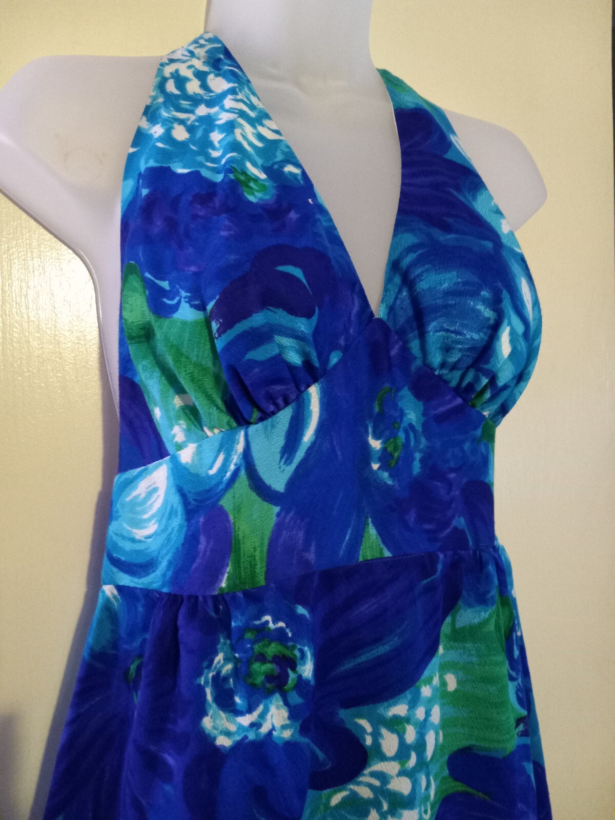 Vintage 60s Hale Aloha Tiki Oasis Hawaiian Blue Floral Barkcloth Halter Dress XS