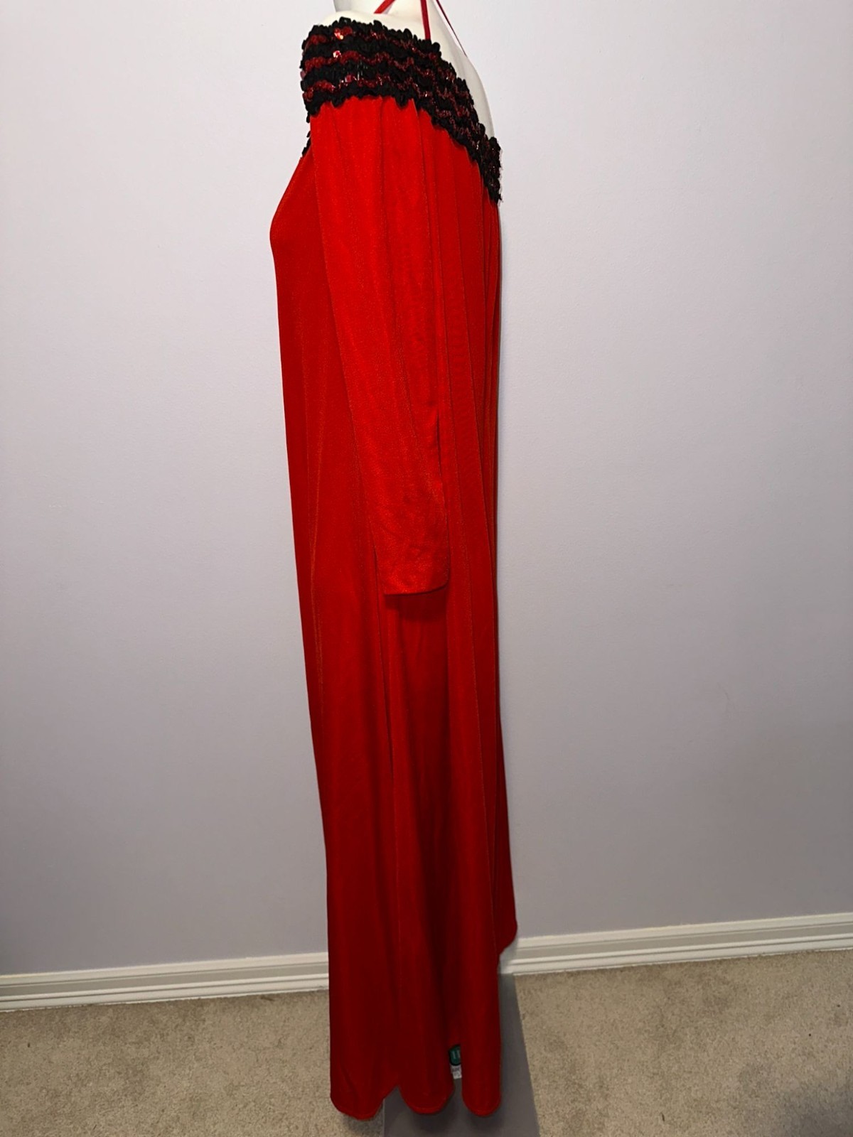 Vtg 70s Lilli Diamond Red Jumpsuit Off Shoulder Black Sequins Womens Size 10