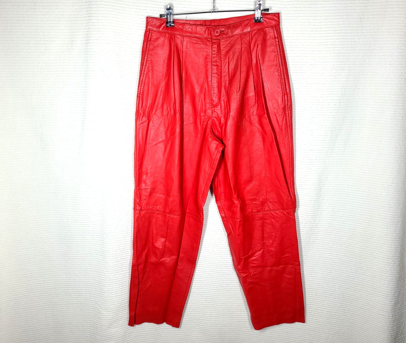 Vtg 80s Red Leather Pants Pleated High Waist 13/14 Mom Jeans Genuine Raw Hem