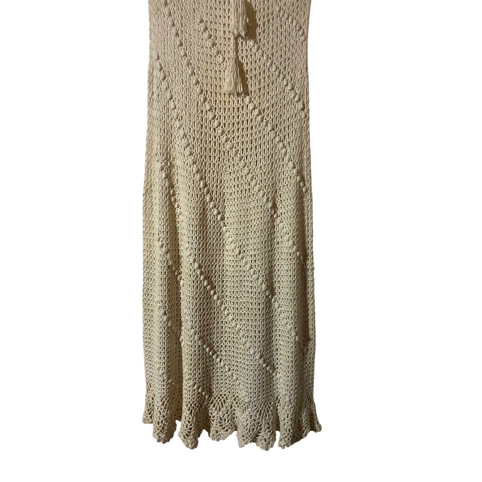 Vintage Crochet Maxi Dress XS Small 70s Whimsigoth Chevron Popcorn Stitch Ivory