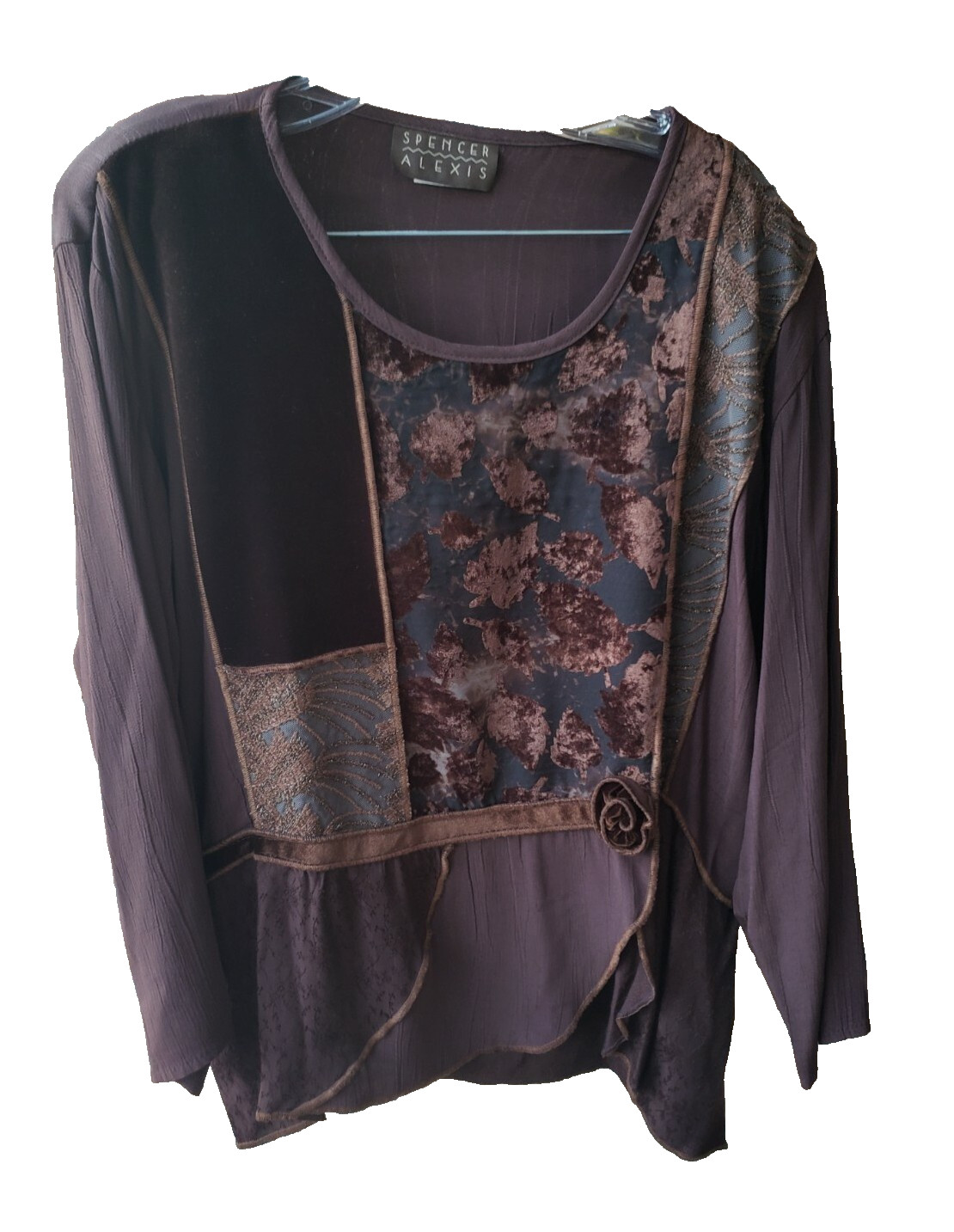 VTG Spencer Alexis Chocolate Brown Patchwork L/S Top Sz 2X Art Lagenlook Boho