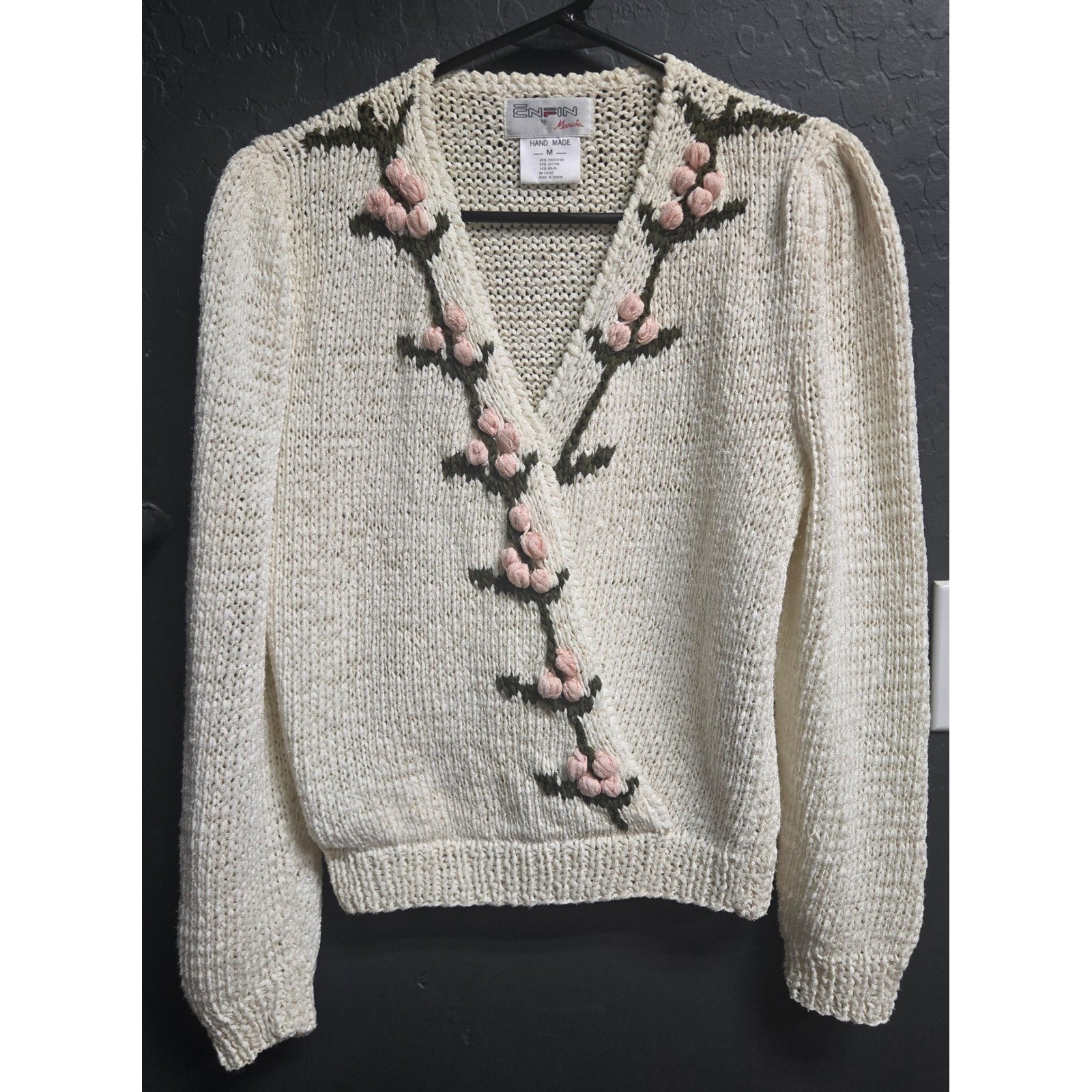 Enfin by Marcia Vintage Handmade Floral Knit Sweater Cream Pink 3D Popcorn M