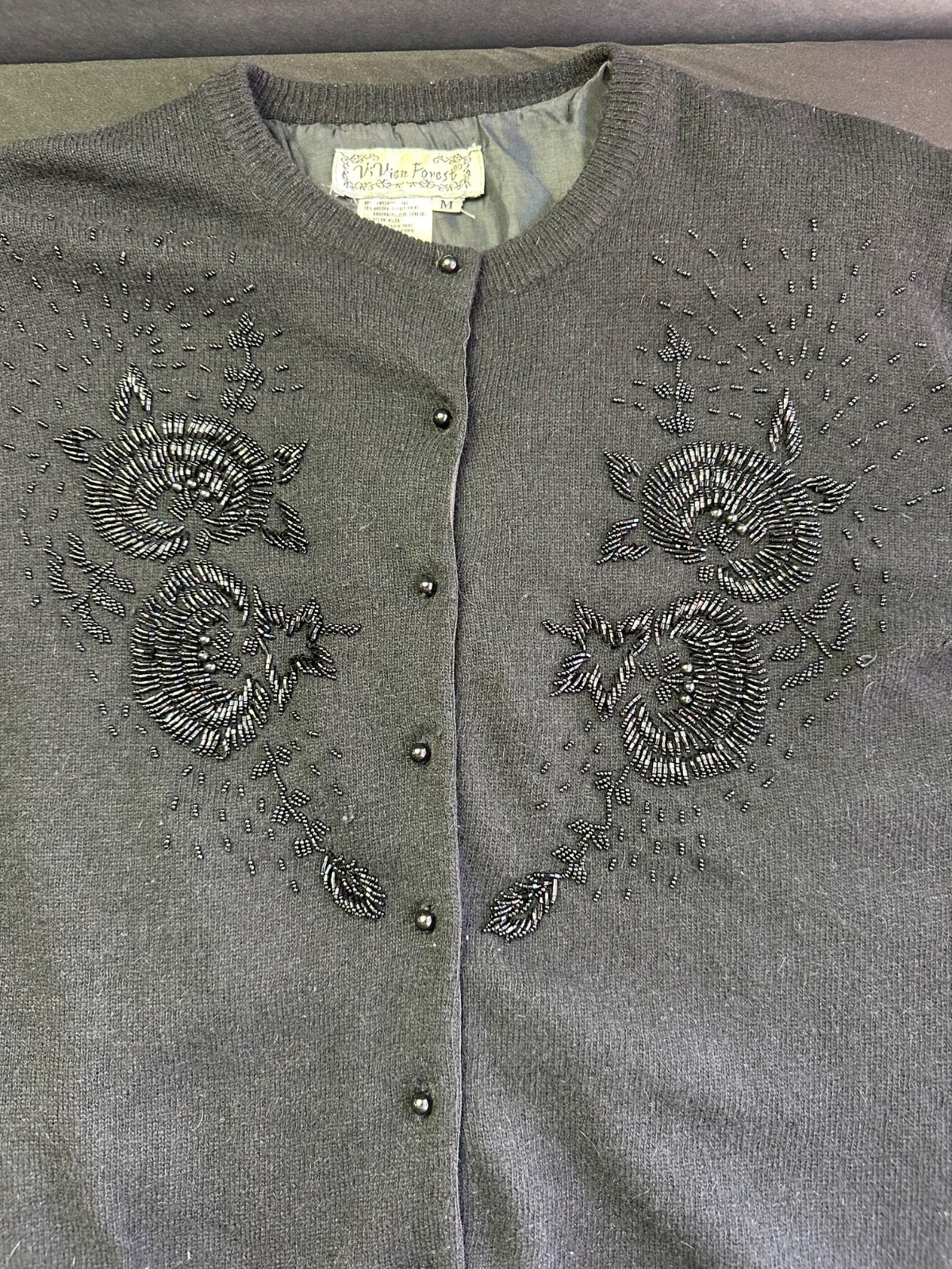 Vintage Vi Vien Beaded Cardigan Medium Black Angora Lambswool 50s Chic Retro!