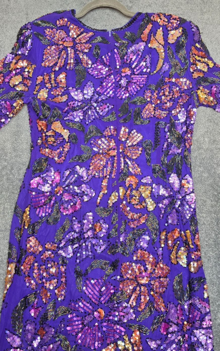 Vintage Oleg Cassini Silk Beaded Sequin Floral Evening Dress Purple Sz 14