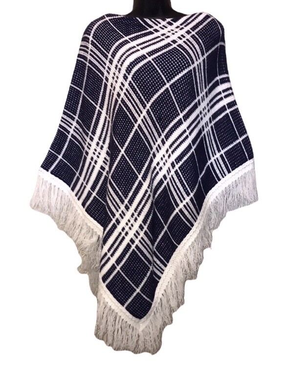 Vtg 70s Plaid Knit Turbo Orlon Acrylic PONCHO~Retro~Boho~Granny Core~Hippie~Mod