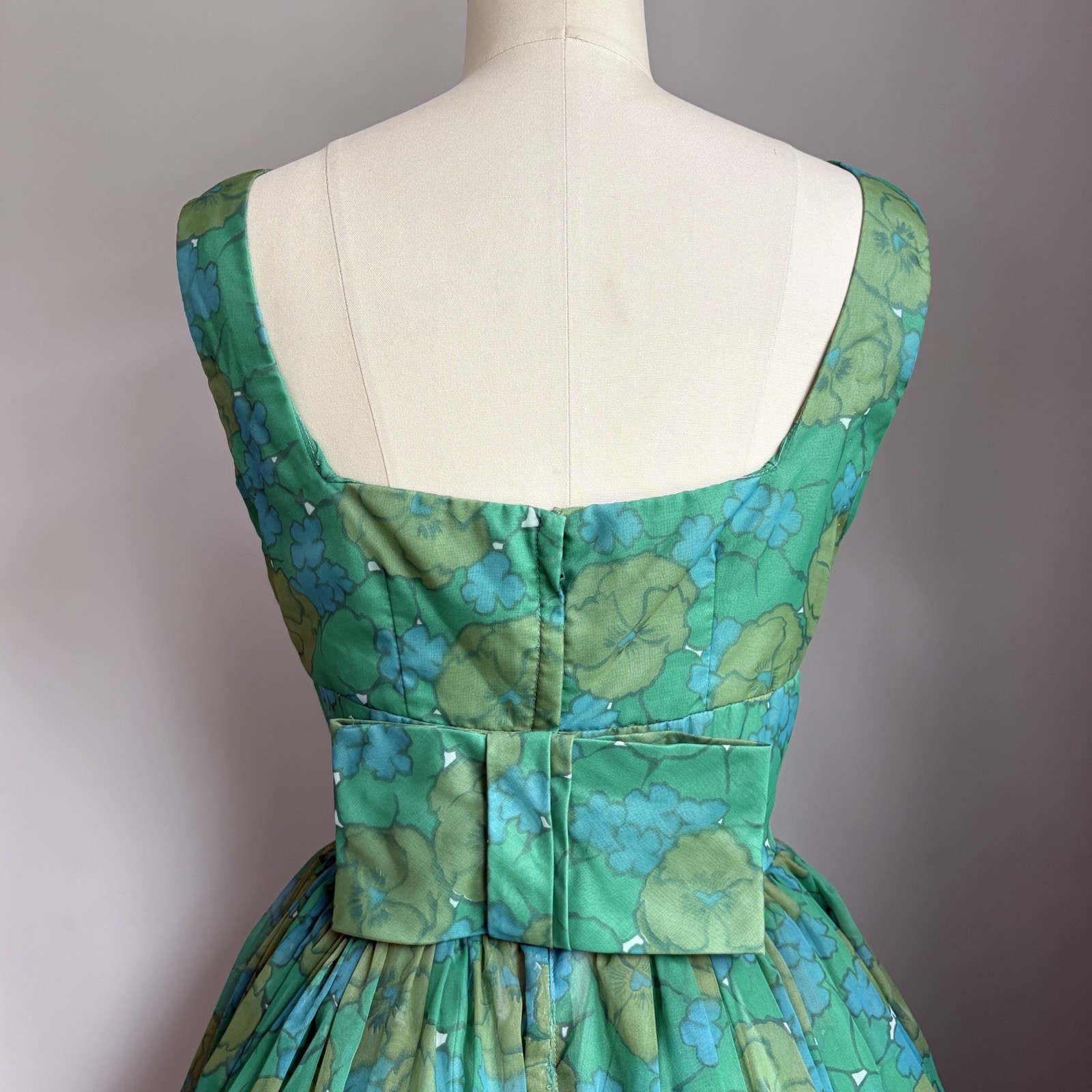 Vintage early 1960’s Blue & Green Floral Chiffon Rockabilly Pinup Party Dress XS