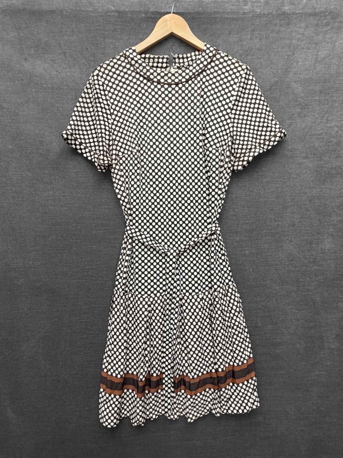 Vintage Dress Brown/Ivory Polka Dot Drop Waist Dress Belted Stretch Size L**