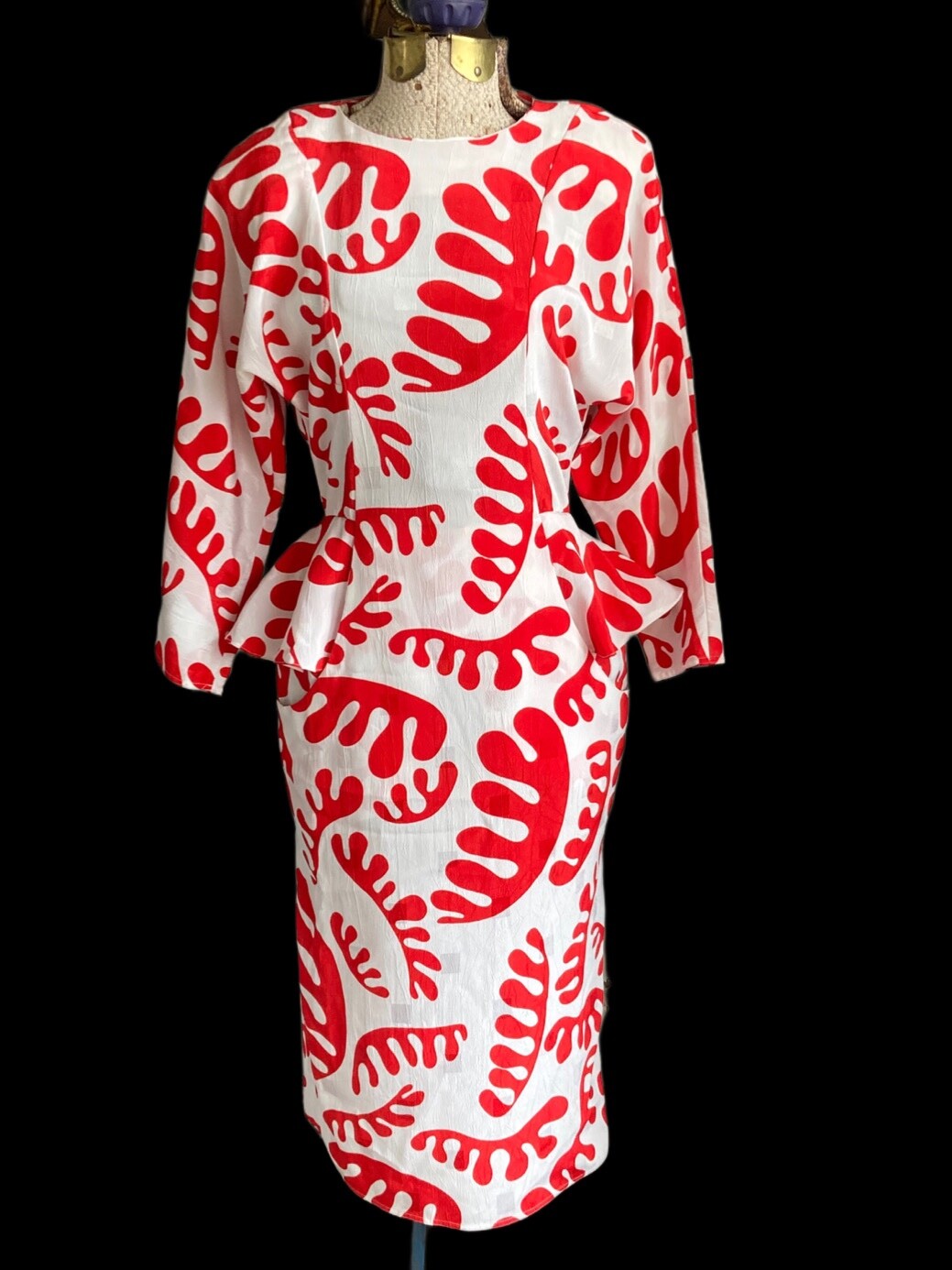 Vtg 80s Billy Jack For Her White & Red Amoeba Midi Dress Wiggle Peplum S 32 Retr