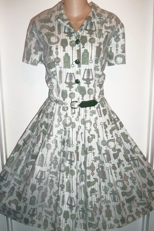 Vtg 50s VIRGINIA HART Cotton Fabric KITCHEN THEME Belt Dress DEADSTOCK M L NOS