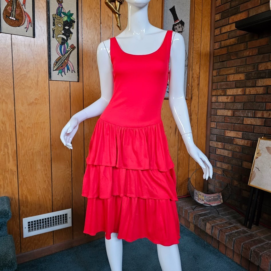 Vintage 80s New Wave Punk Cherry Red Tiered Ruffle Skirt Tank Top Day Dress M