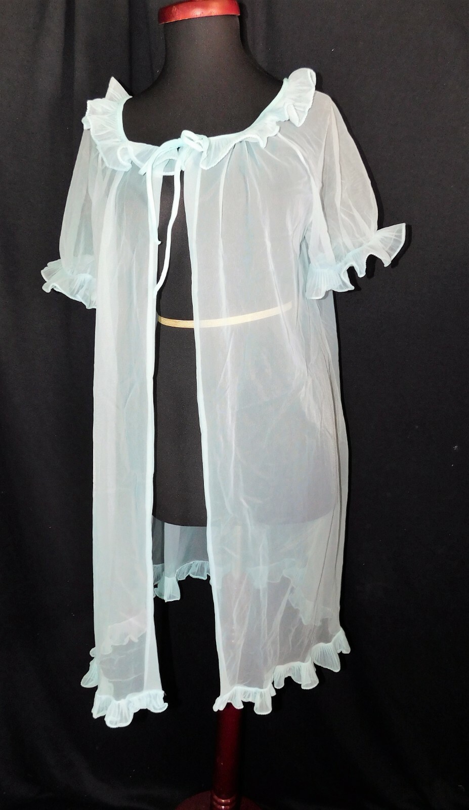 Vintage See Through Blue nylon chiffon open front robe cover, no label, med ?