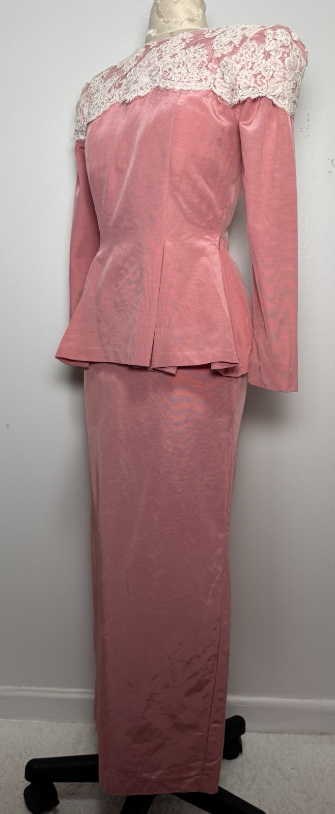 Vtg 80s Watters & Watters Pink Lace Pleated Peplum Maxi Skirt Formal Set XS/S