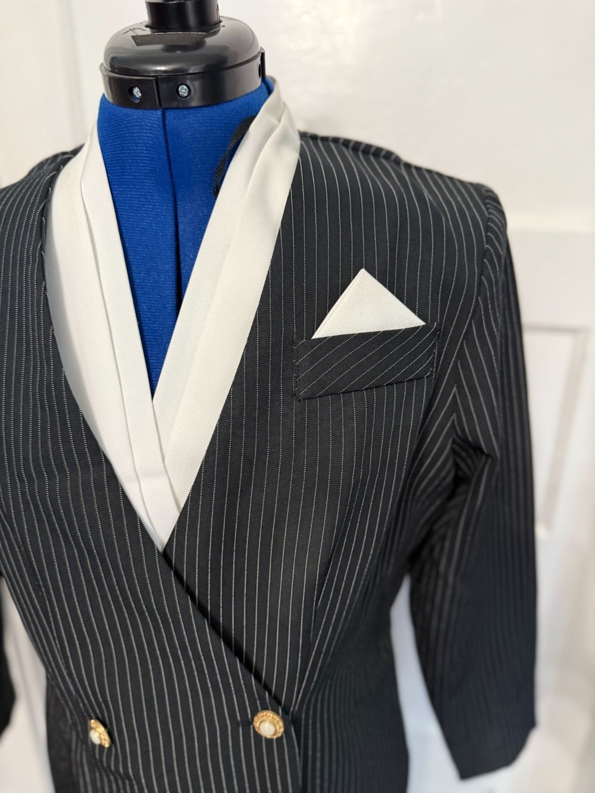 VTG 90s Black + Pinstriped Blazer Pearl Buttons Shoulder Pads, Attached Shirt