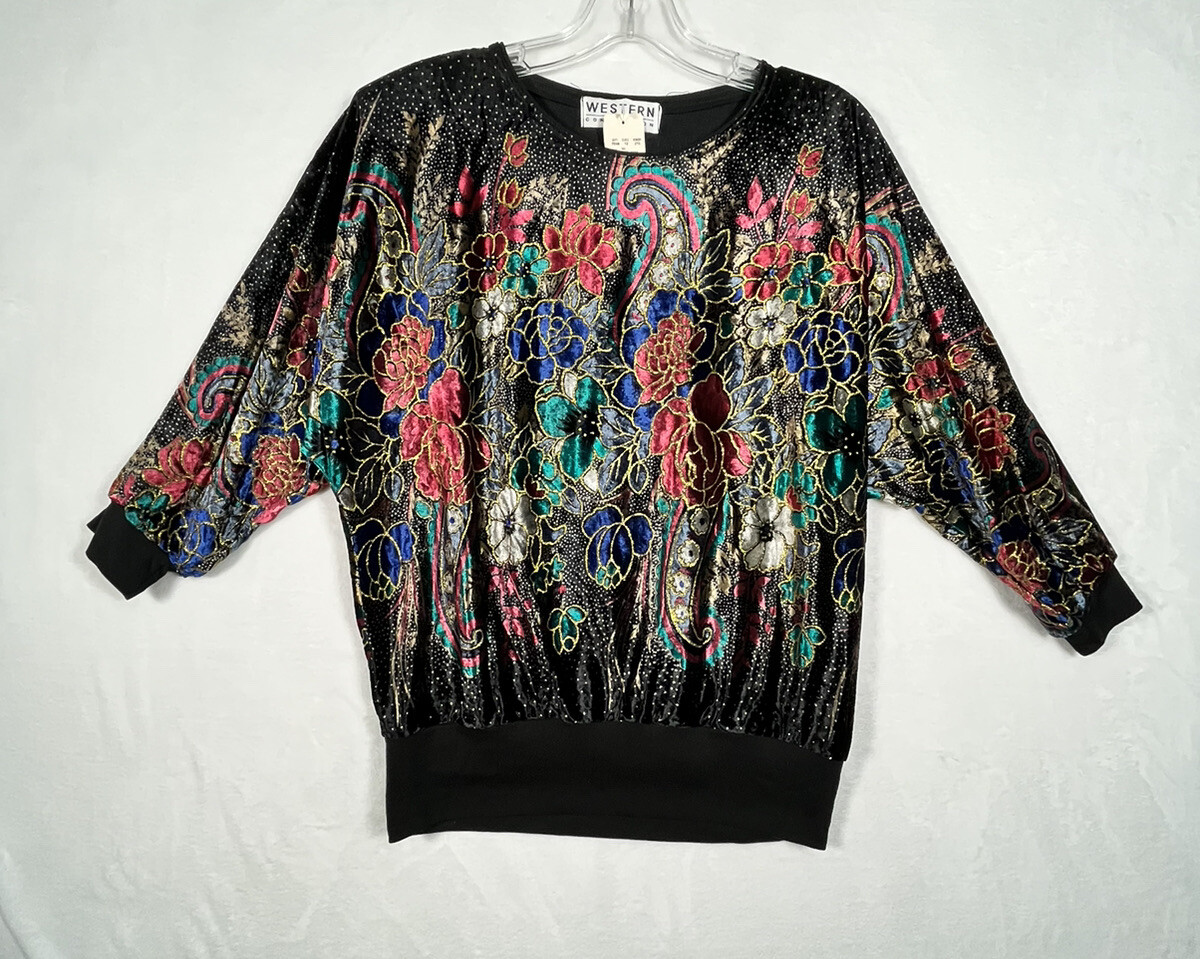 Vintage NWT Western Connection Womens L Top Black Batwing Floral Colorful