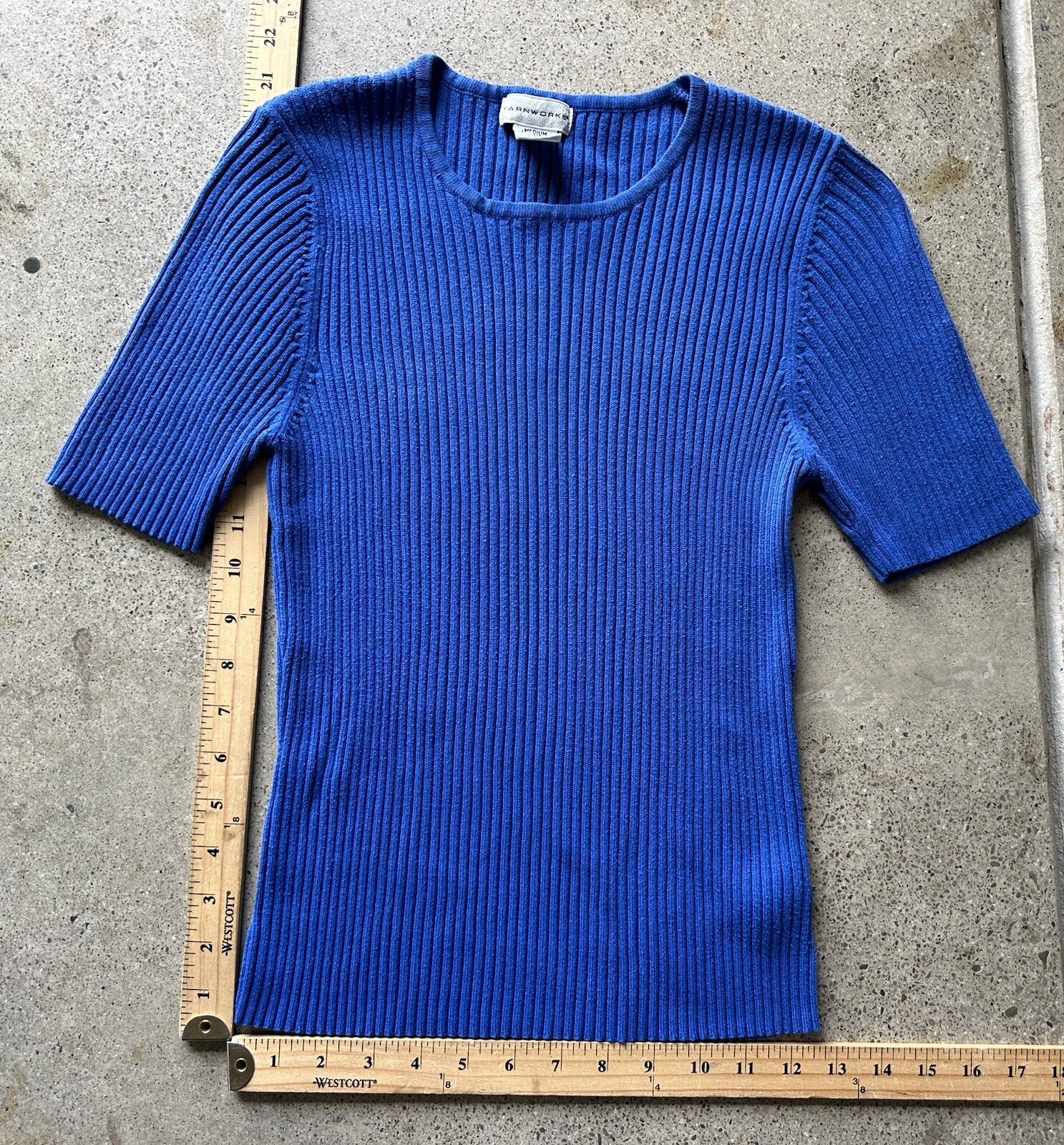Vintage Yarnworks Blue Acrylic Cotton Blend Ribbed Stretchy Scoop Neck Top Sz M