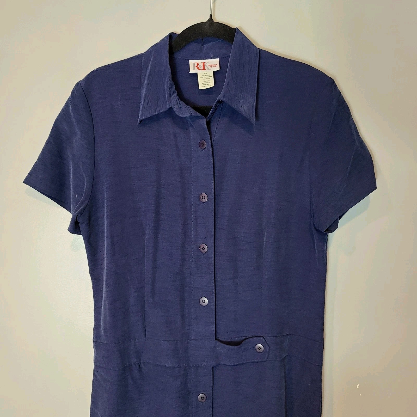 Vtg 90s Minimalist Shirt Dress Luxury Modal Sz 8P Preppy Classic Tailored Navy