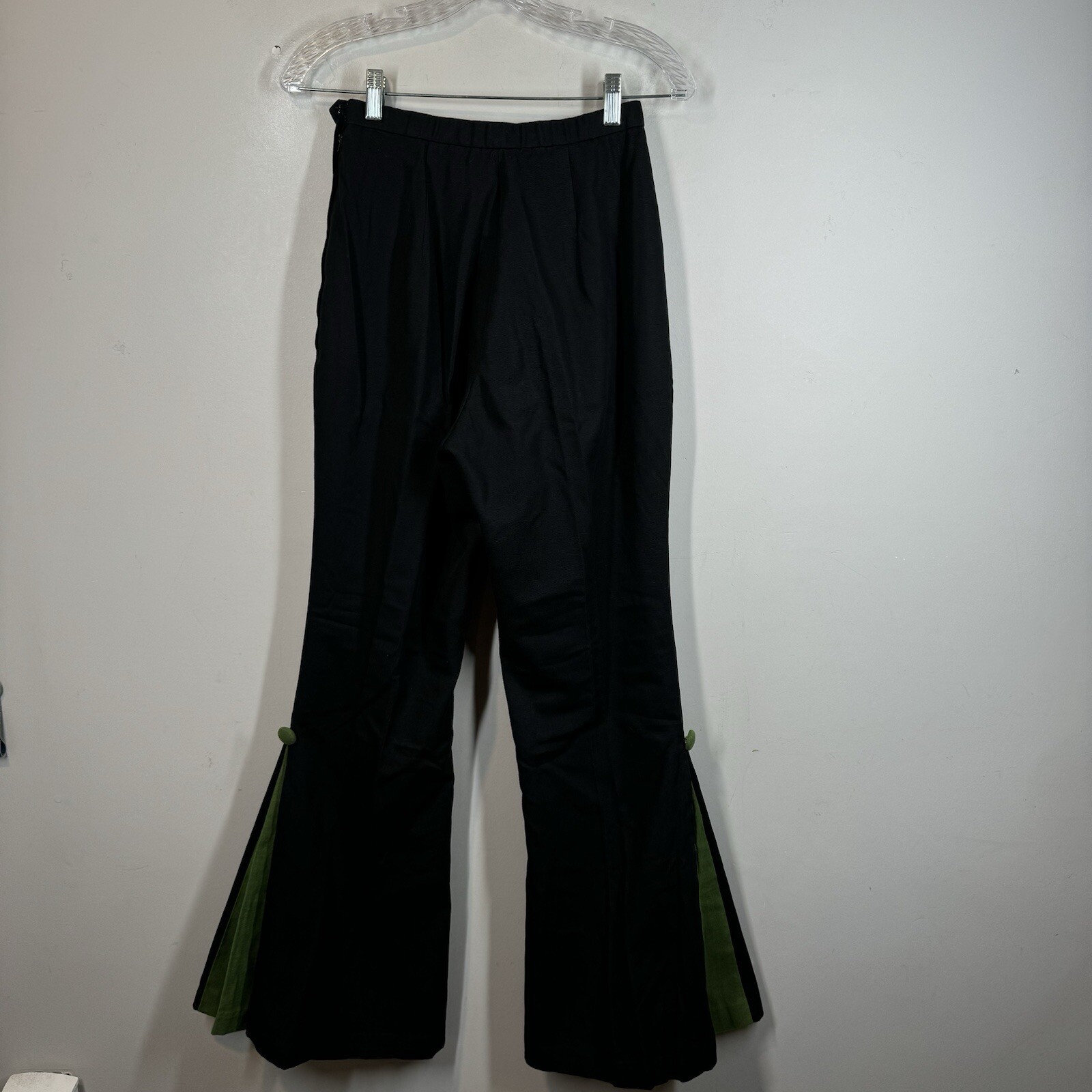 Vintage Homemade Green Pleated Black Bell Bottom Pants Cotton 24” Waist Sz XS/S