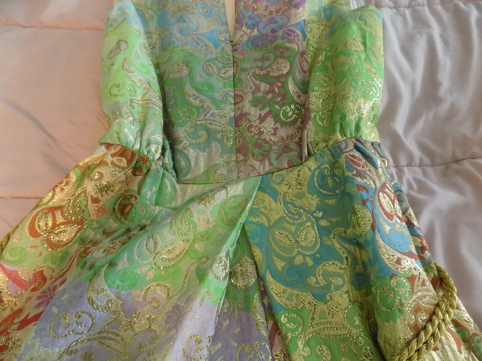 Vtg FAB 60s Joseph Magnin Metallic Tapestry Gold Pink Green Disco Maxi Jumpsuit