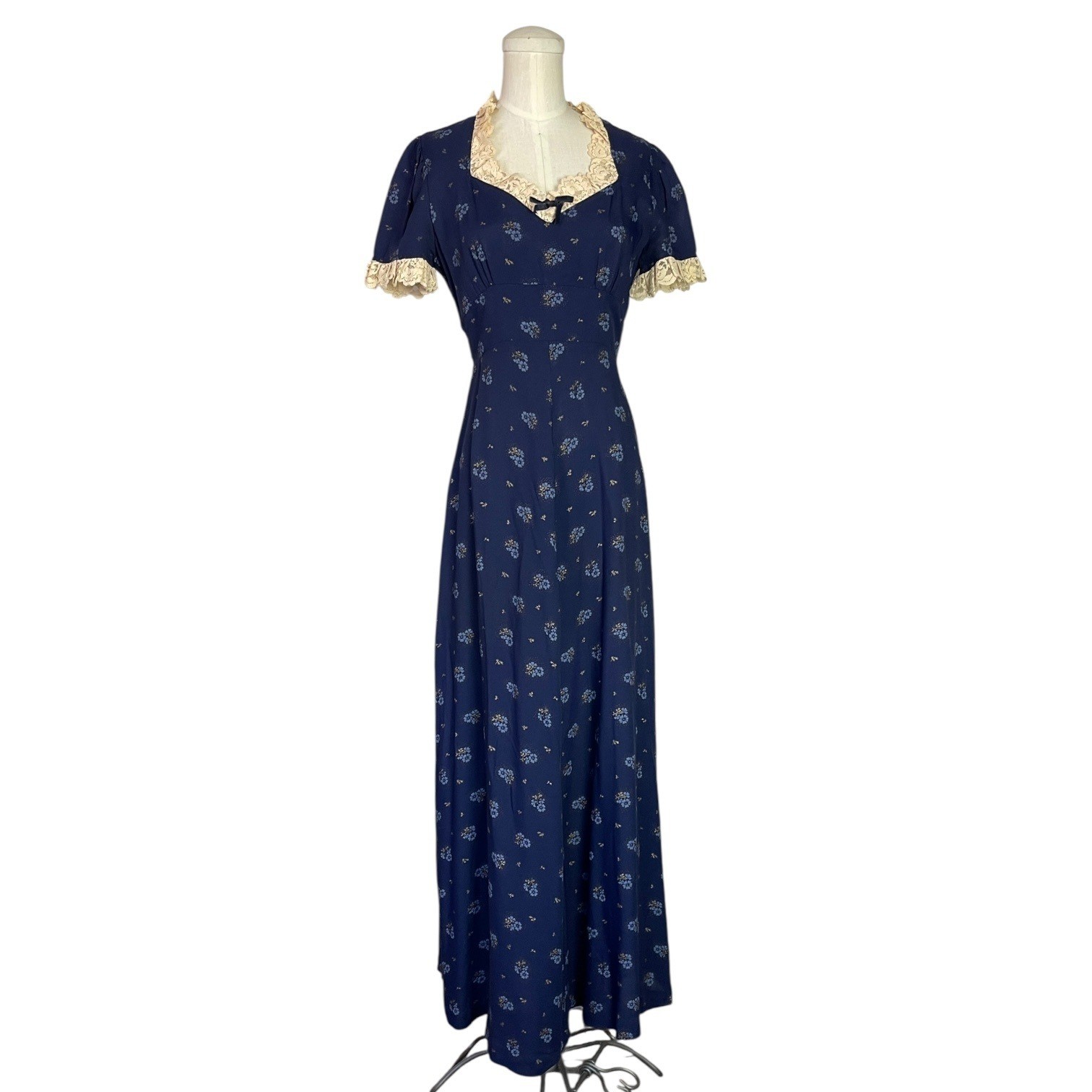 Vintage Navy Blue Floral Maxi Dress Lace Trim Tie Back Cottagecore Prairiecore