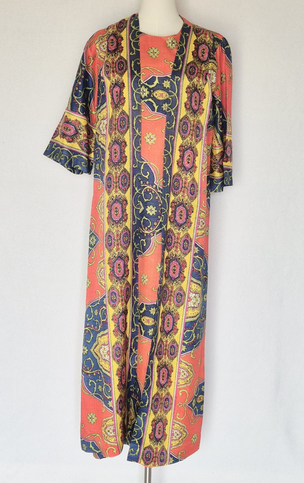 Vintage Lounge Craft Neon Psychedelic Maxi Hostess Kaftan Robe Dress Attached S