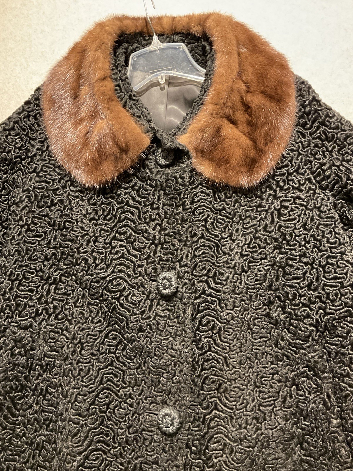 Vtg 60s Astrakin Black Curly Persian Lamb Wool Swing Coat Mink Collar France L