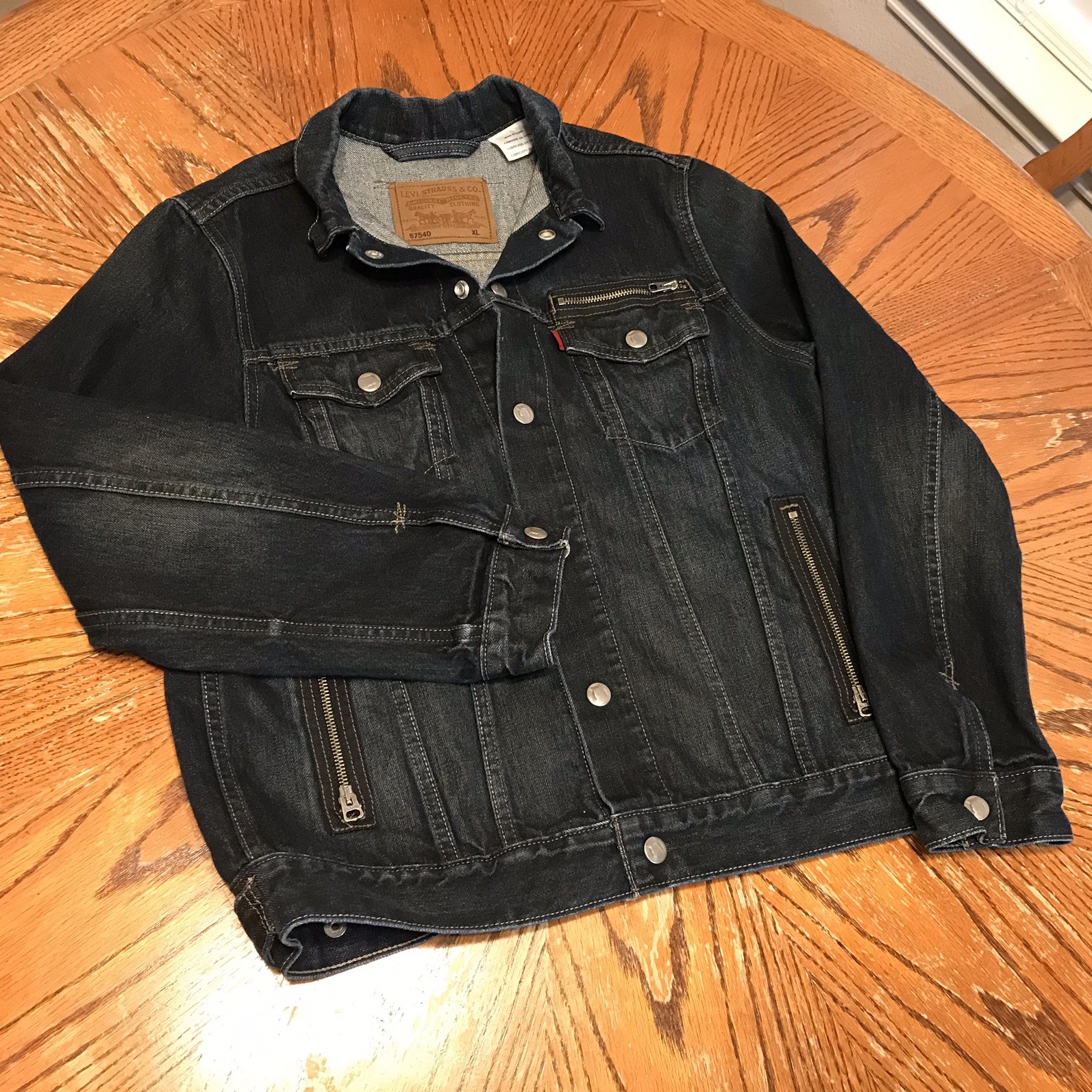 LEVIS Jean Jacket Moto Style Trucker #57540 Denim Zipper Rare Snaps Vintage XL