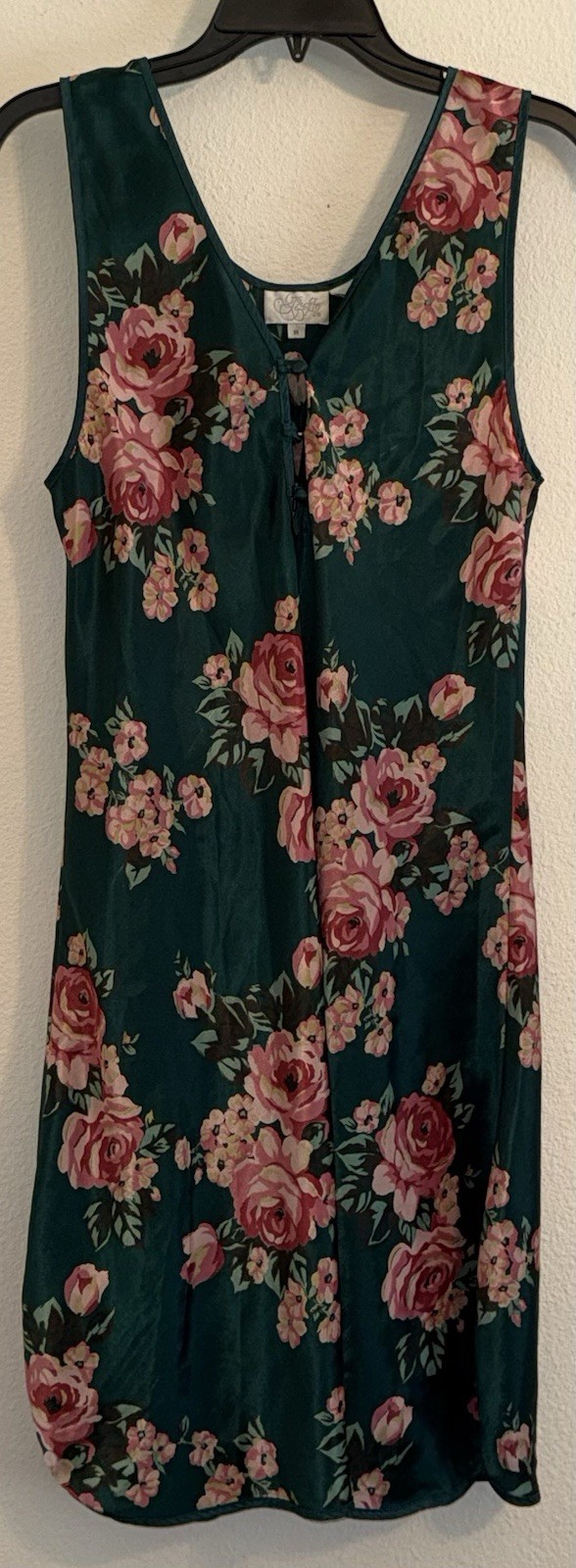 Vintage 80s Go Softly Polyester Satin Nightgown Sleep Dress Floral Roses M Green