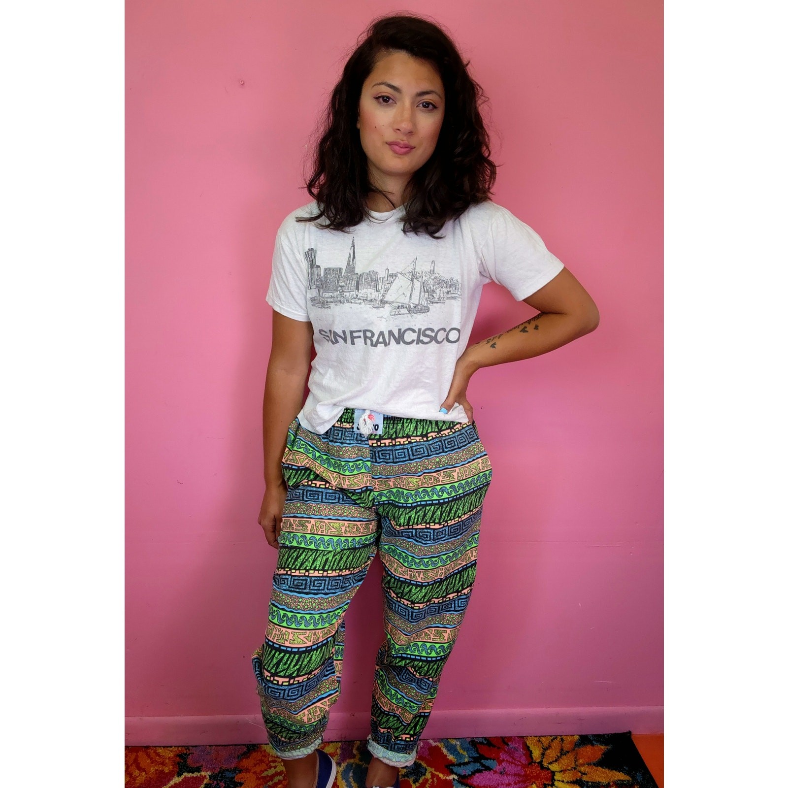 Vintage 1980’s/1990’s JoJo Green Pink Abstract Surfer Muscle Parachute Pants