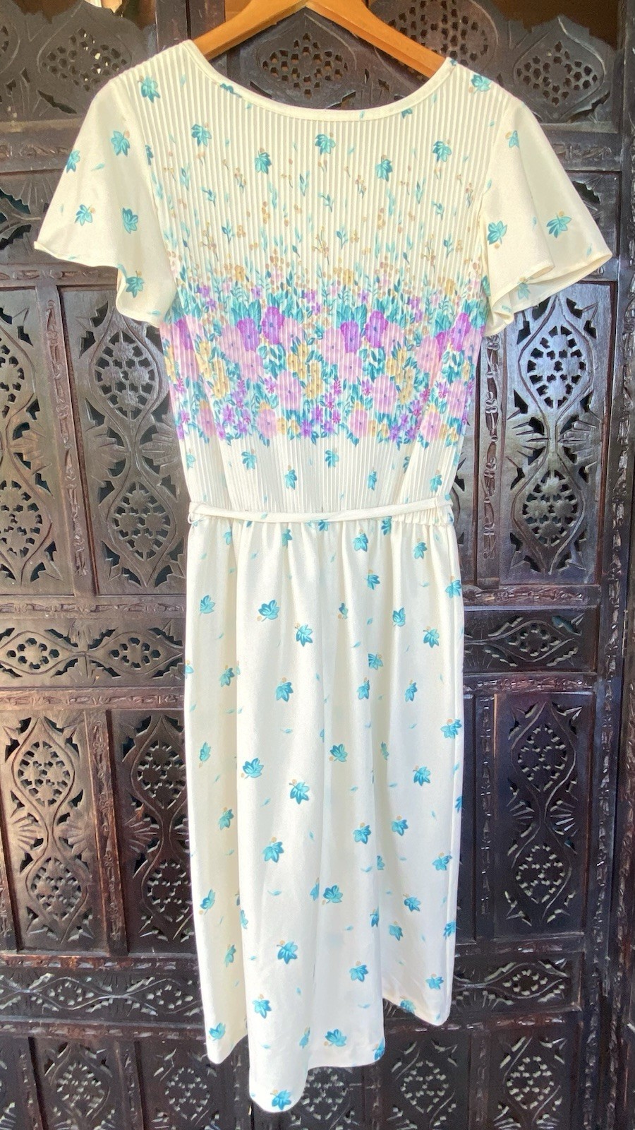VTG Handmade Floral Leaf Pleated Dress Womens S/M Pastel Cottagecore Prairie S/S