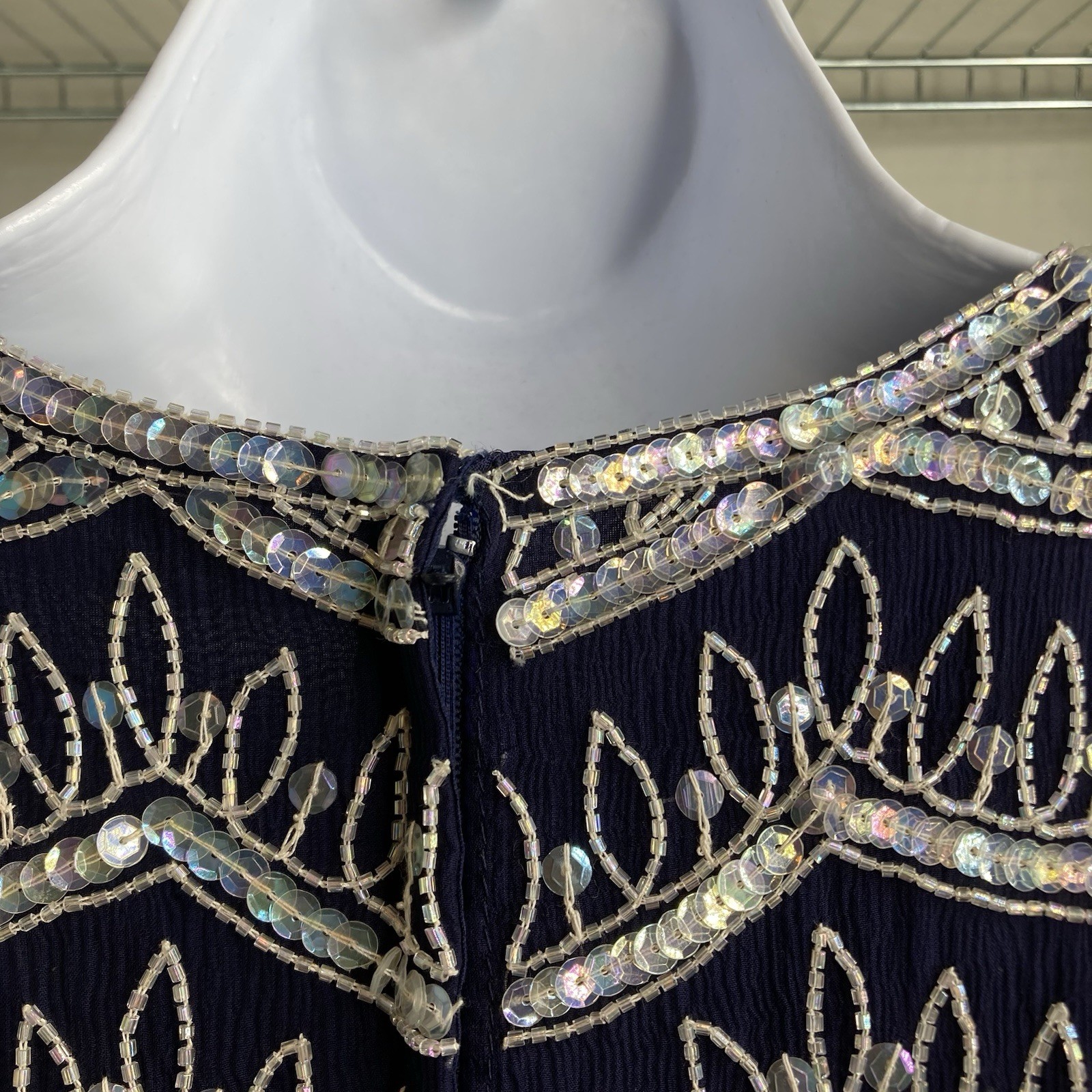 VTG 80s Frank Usher Navy 100% Silk Beaded Top Sz S Silver Sequin Evening Blouse