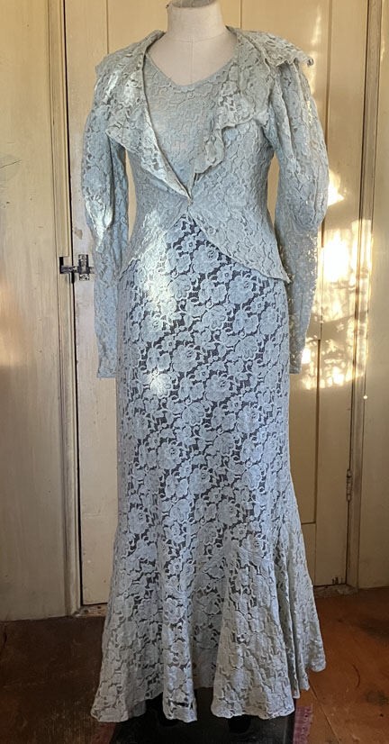 Vtg 1930’s Cotton Lace Gown / Dress w Jacket Light Grey/Blue