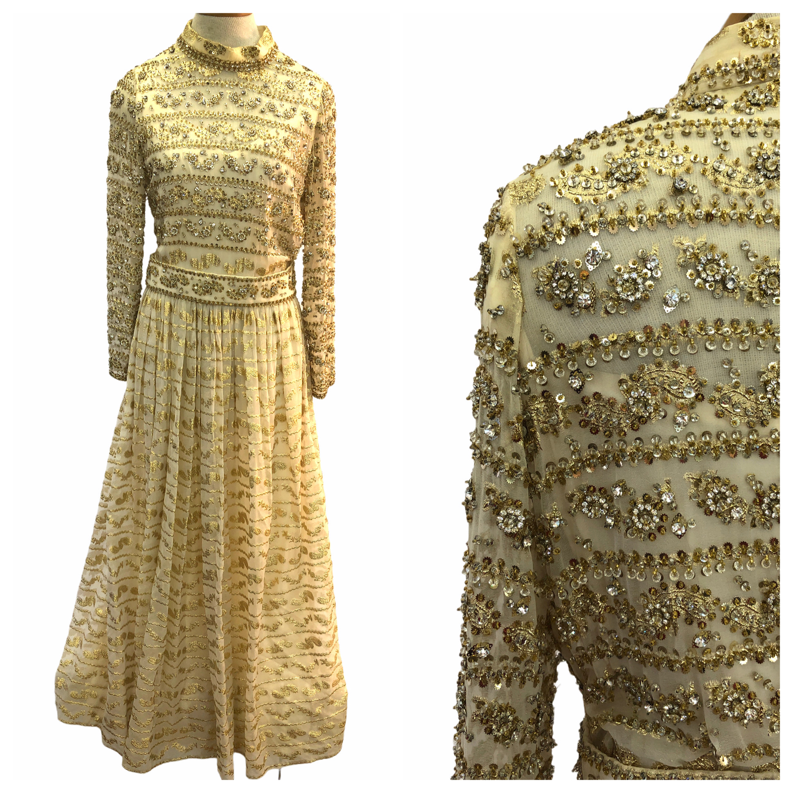 VTG 70s Harvey Berin Gold Beaded Rhinestone Semi Sheer Paisley Brocade Gown