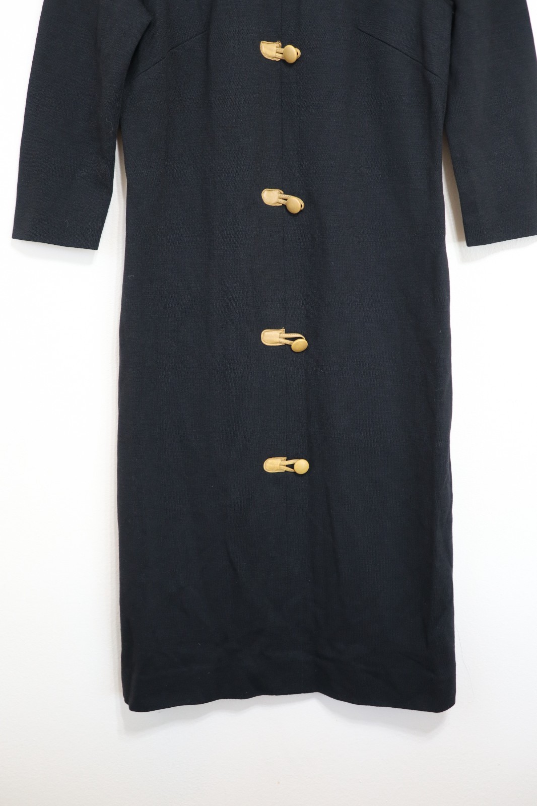 60s Vintage Kay Windsor Black Knit Jersey Yellow Buttons Sheath Dress Women XS S