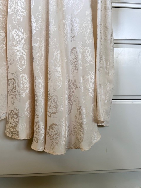 Jack Mulqueen Vtg 80’s Evening Dress Sz 8 Ivory Floral Jaquard Silk Drop Waist