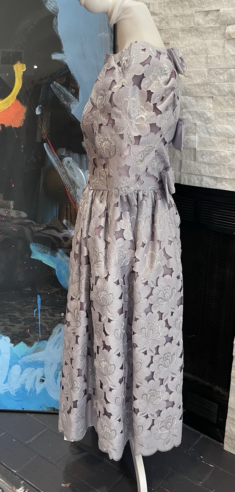 80s Handmade Floral Tea Cottagecore Dress Back Bows Full Skirt Metallic Vintage