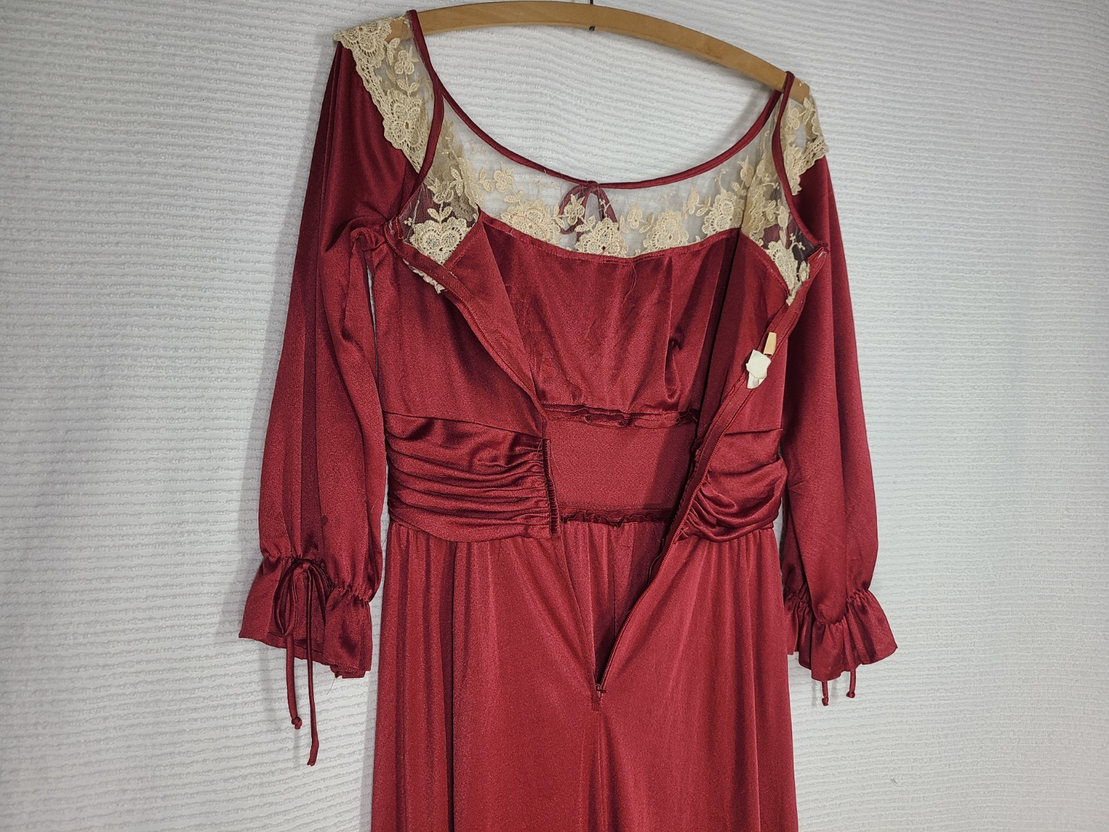 Vintage 1970s Long Dress 14 L Burgundy Liquid Knit Lace Mesh Bust Poly Union Tag