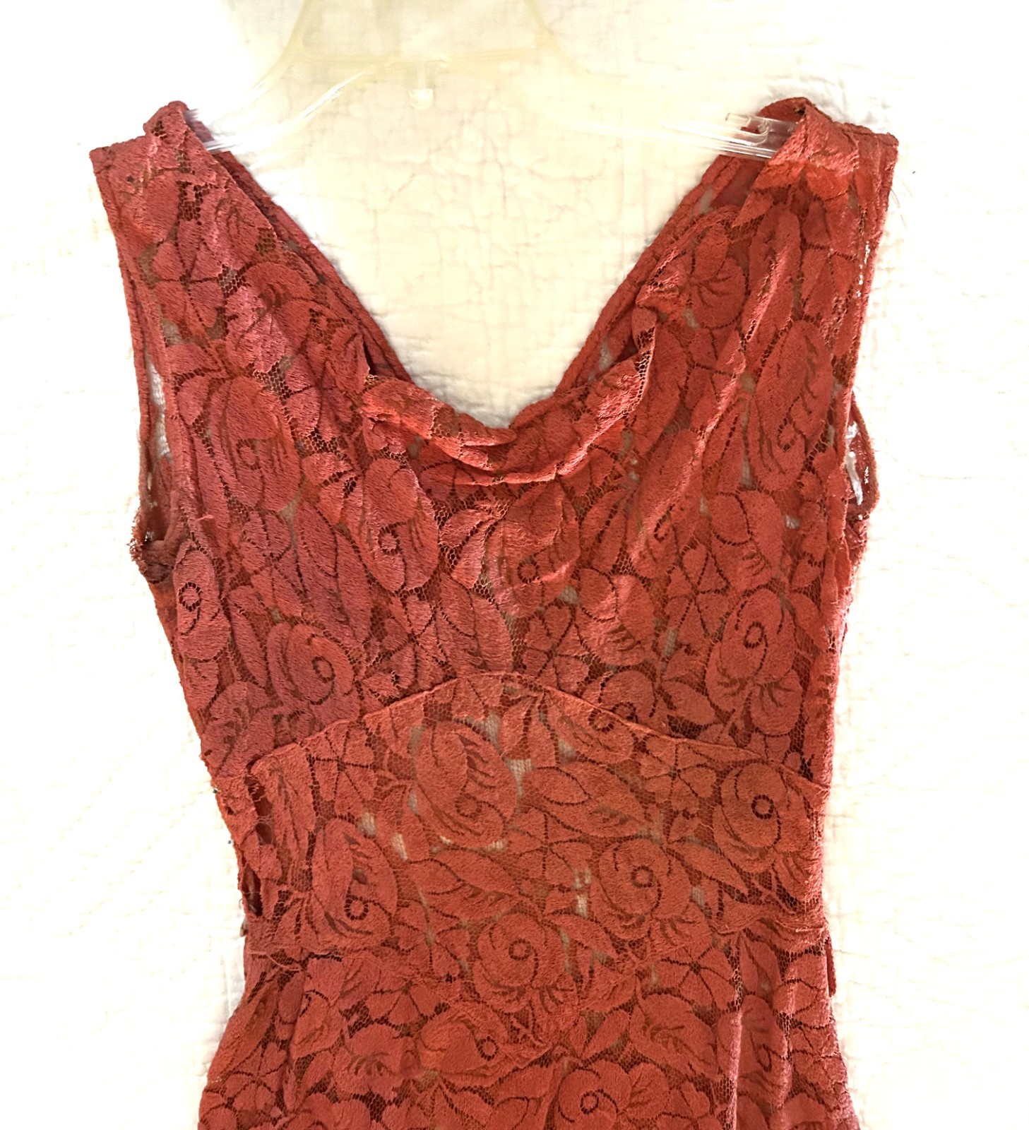 Vintage 30’s long coral lace sleeveless dress matching fur trim lace cape XS-S