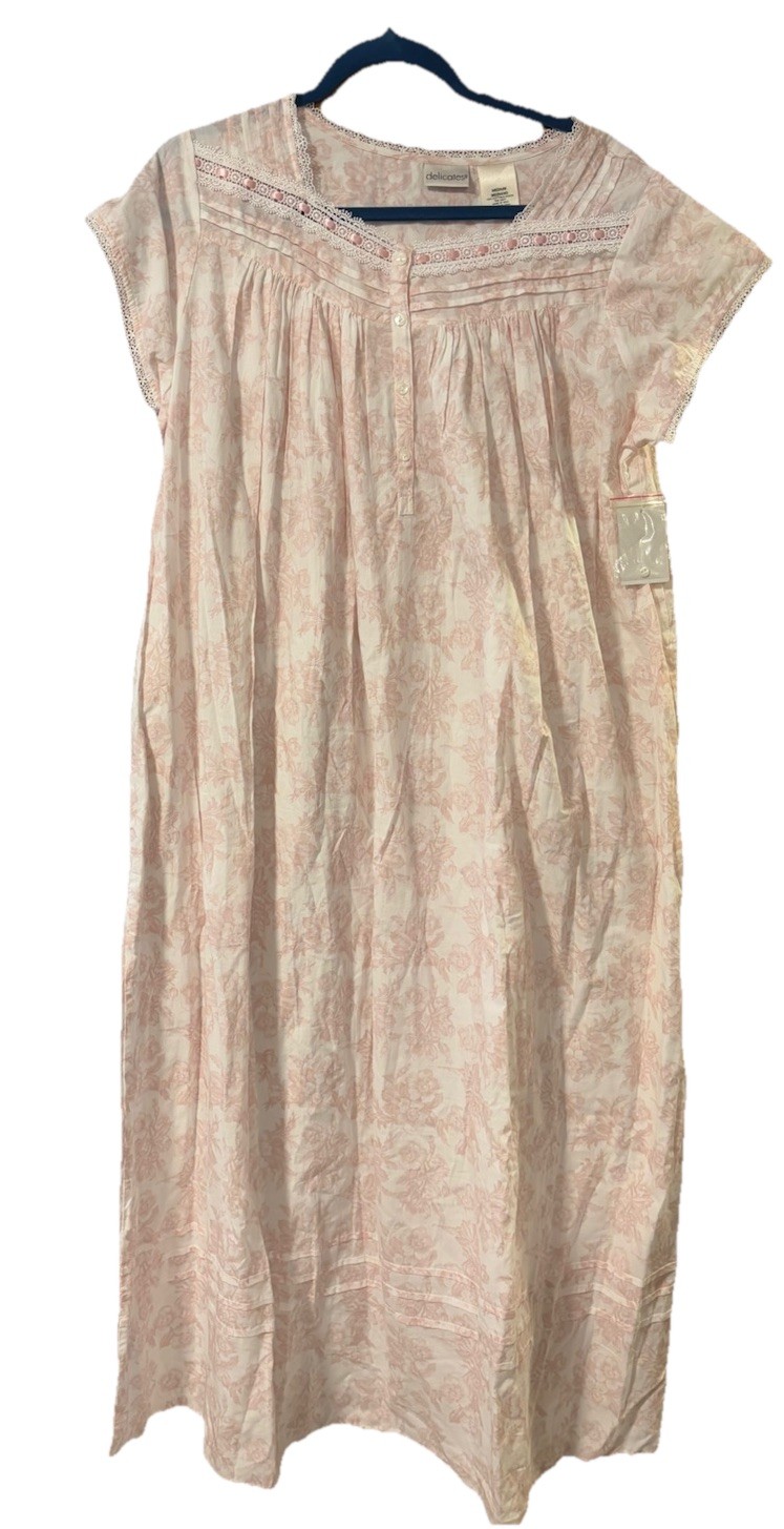 NOS Vtg Jc Penneys Delicates Night Gown Mumu Size Medium Pink Floral 100% Cotton
